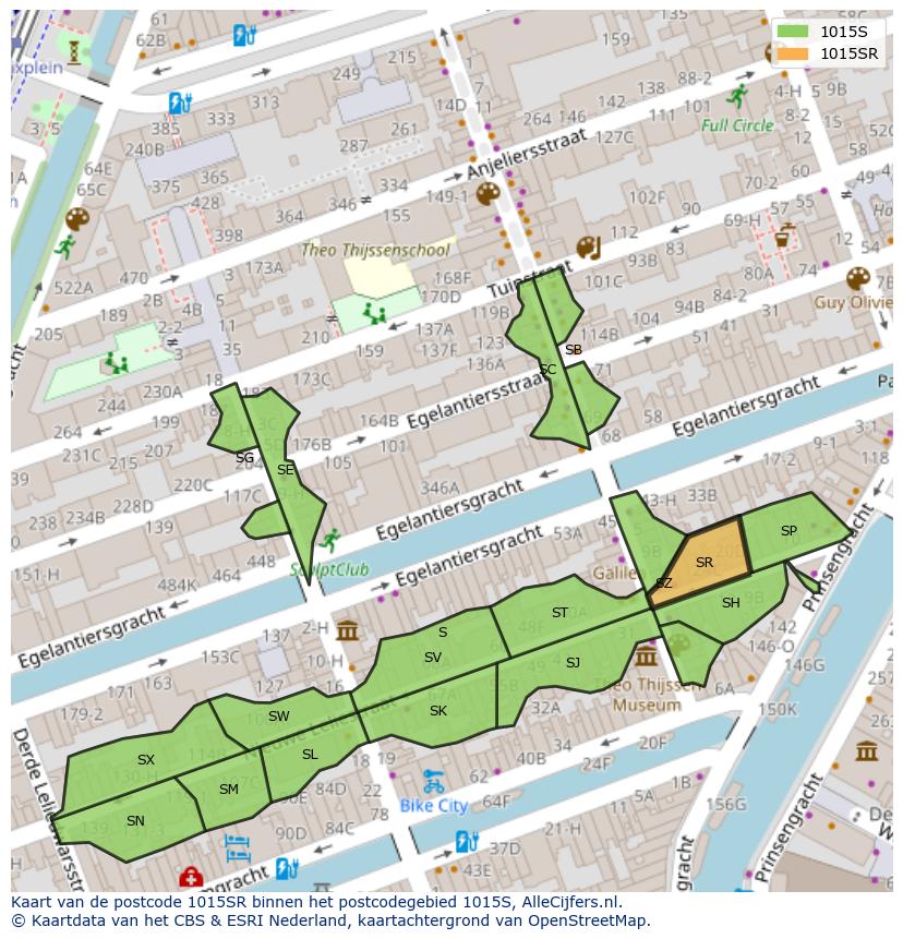 Afbeelding van het postcodegebied 1015 SR op de kaart.