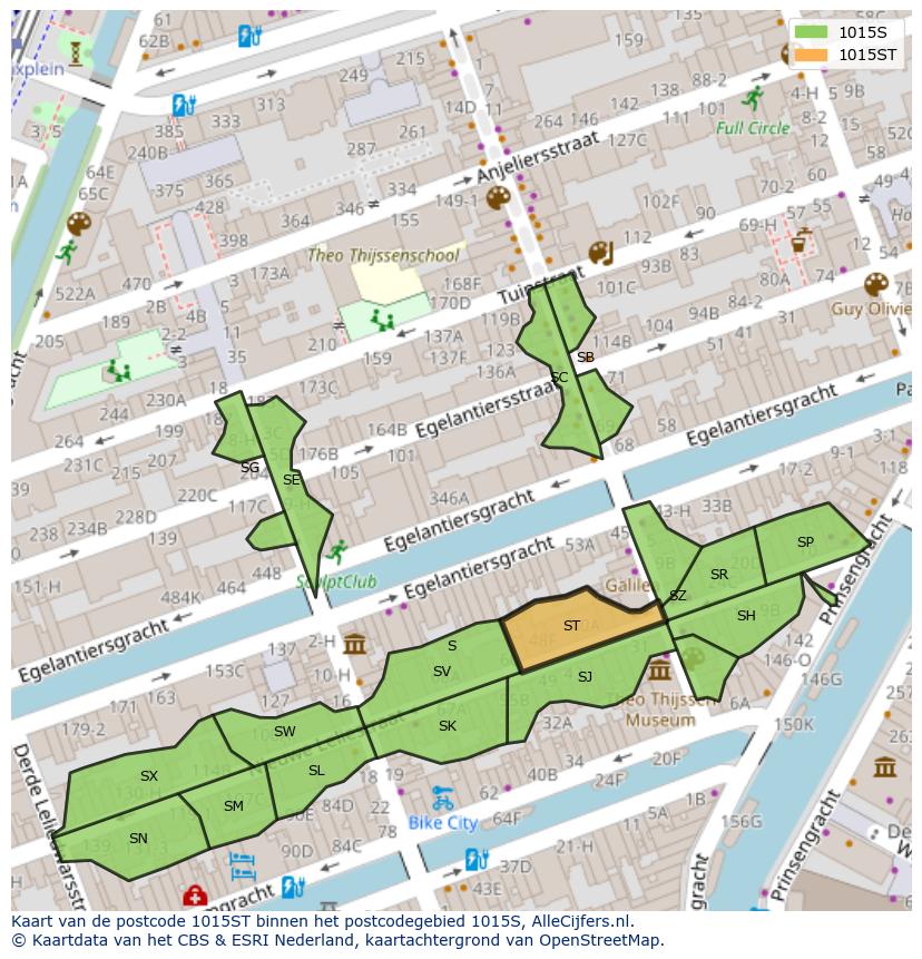 Afbeelding van het postcodegebied 1015 ST op de kaart.