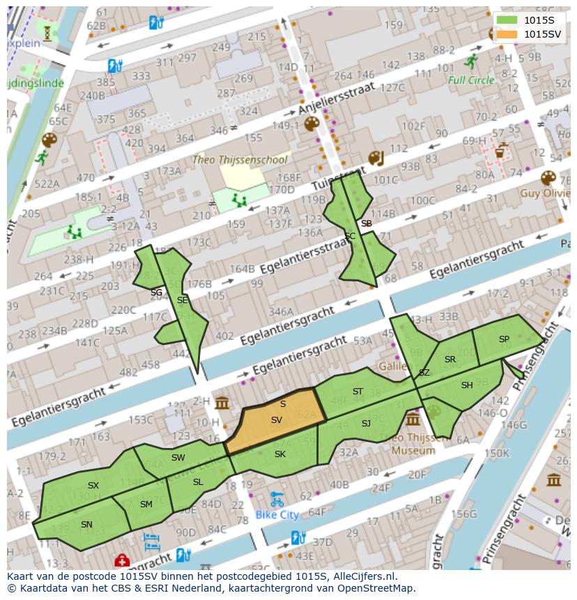 Afbeelding van het postcodegebied 1015 SV op de kaart.