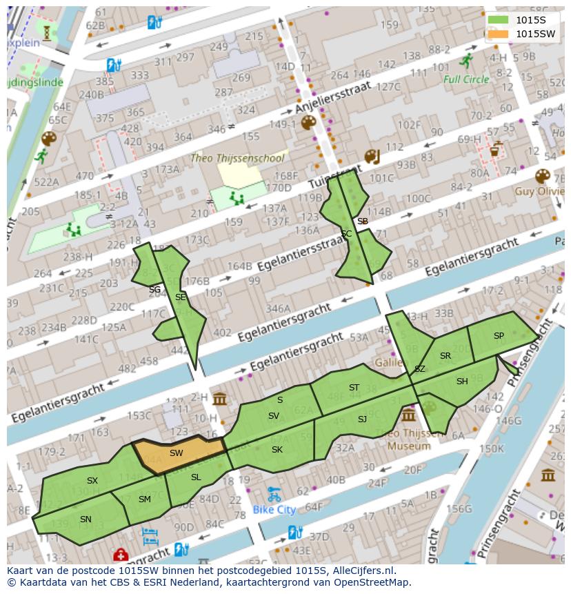 Afbeelding van het postcodegebied 1015 SW op de kaart.