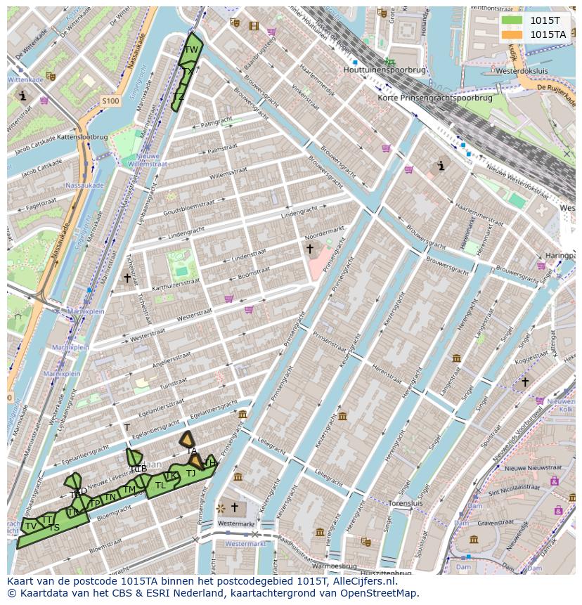 Afbeelding van het postcodegebied 1015 TA op de kaart.