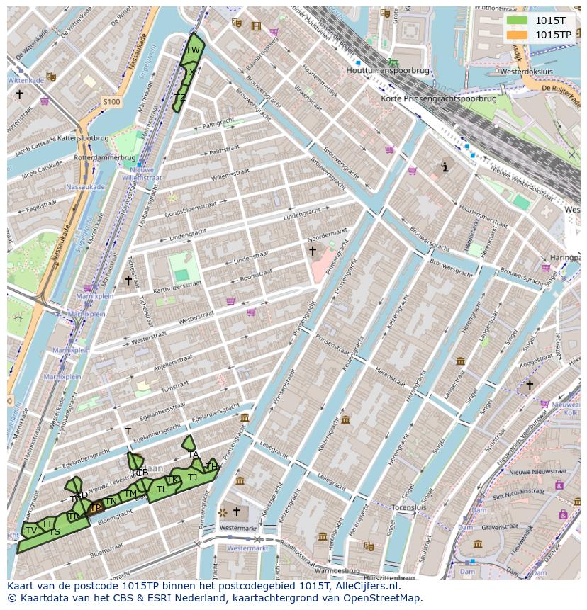 Afbeelding van het postcodegebied 1015 TP op de kaart.