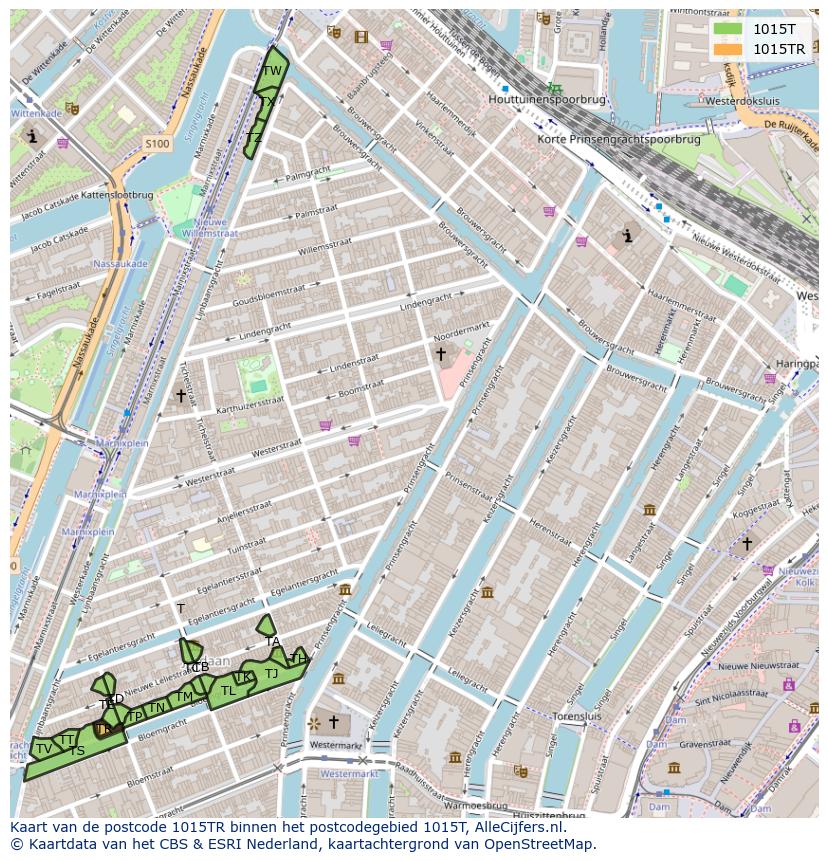 Afbeelding van het postcodegebied 1015 TR op de kaart.