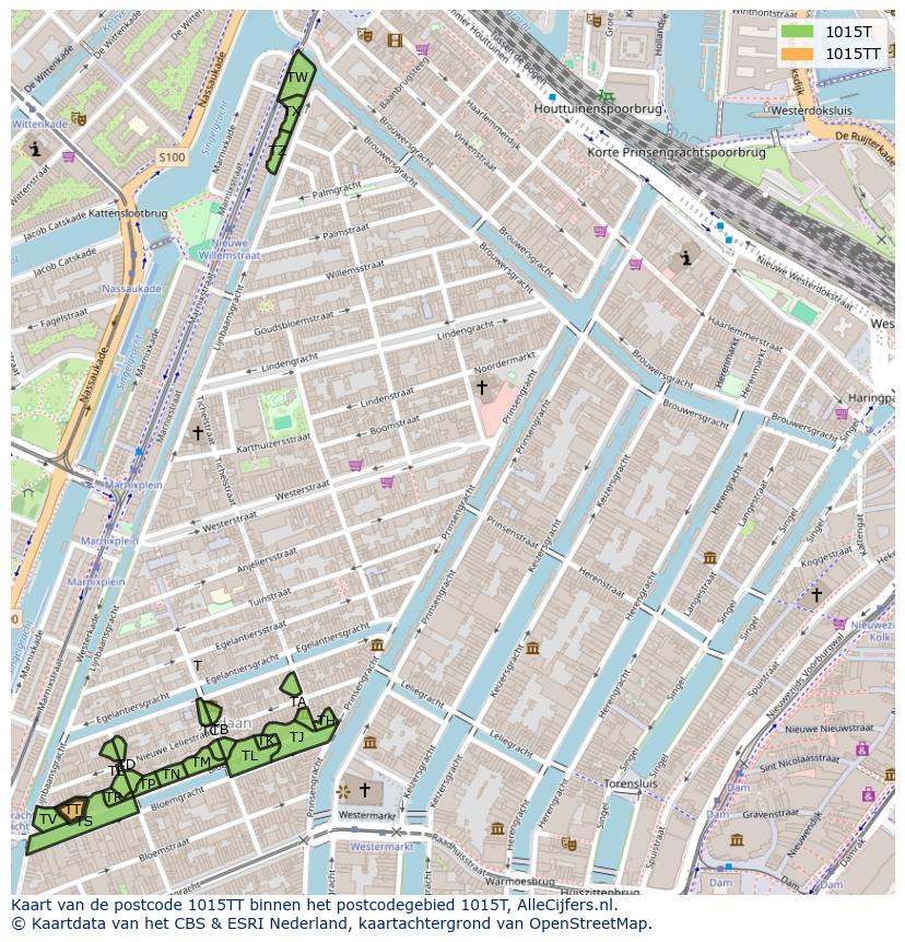 Afbeelding van het postcodegebied 1015 TT op de kaart.