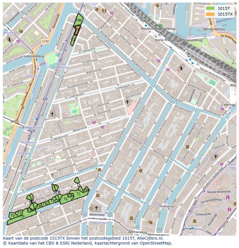 Afbeelding van het postcodegebied 1015 TX op de kaart.