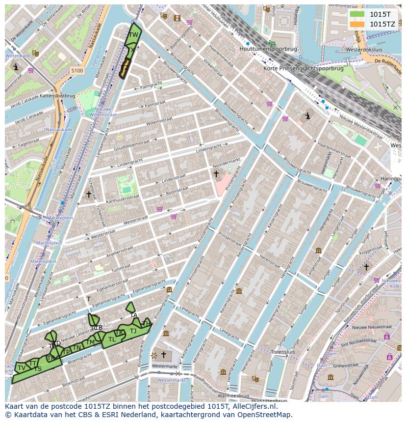 Afbeelding van het postcodegebied 1015 TZ op de kaart.