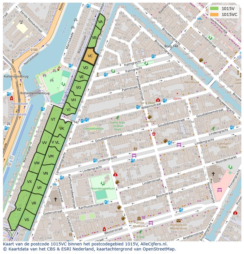 Afbeelding van het postcodegebied 1015 VC op de kaart.
