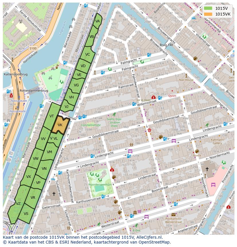 Afbeelding van het postcodegebied 1015 VK op de kaart.