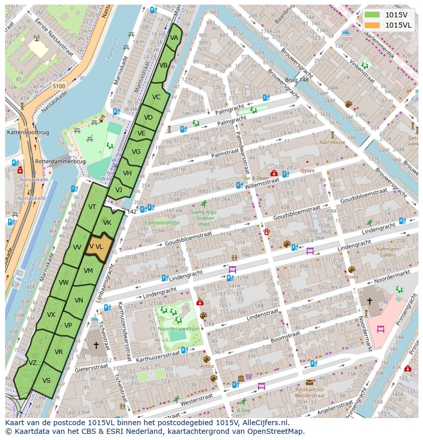 Afbeelding van het postcodegebied 1015 VL op de kaart.