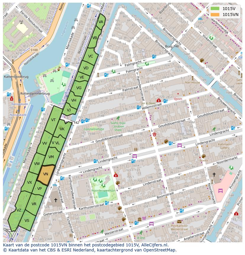 Afbeelding van het postcodegebied 1015 VN op de kaart.