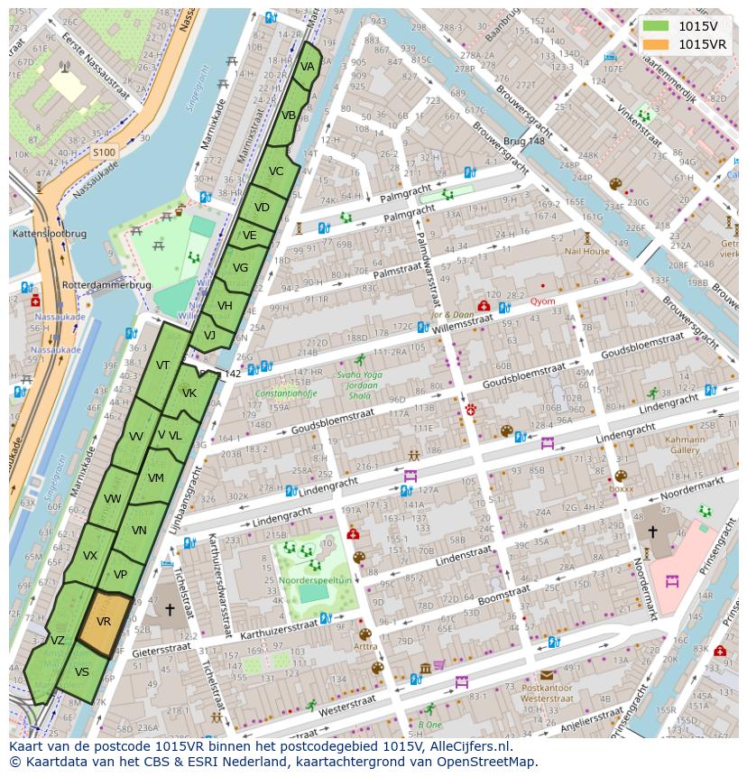 Afbeelding van het postcodegebied 1015 VR op de kaart.