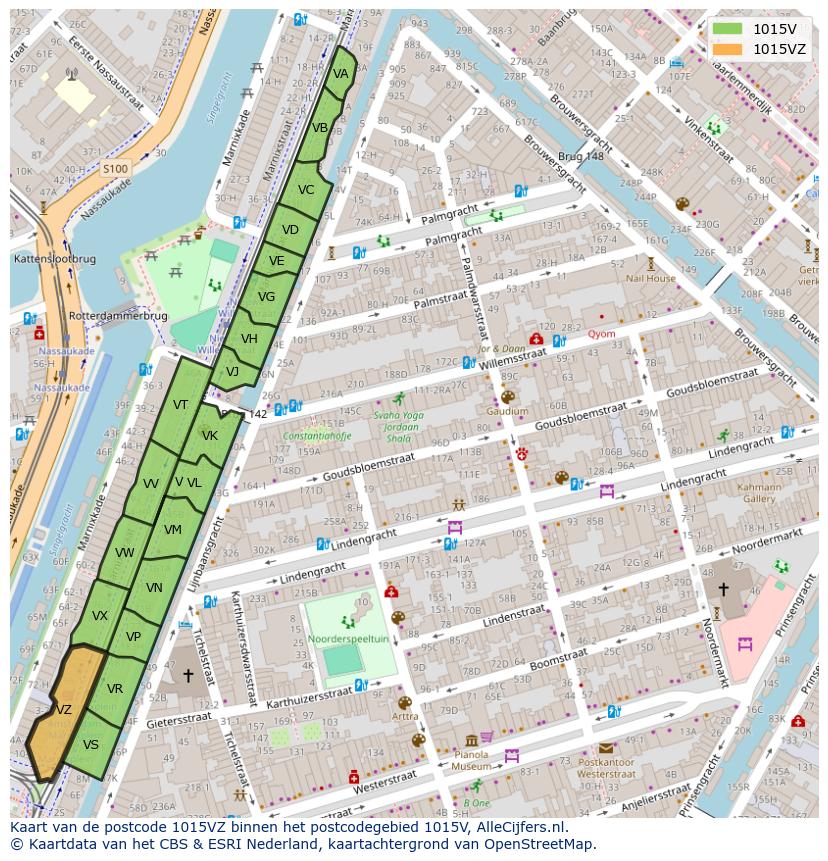 Afbeelding van het postcodegebied 1015 VZ op de kaart.