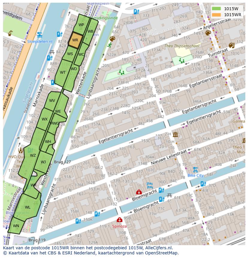 Afbeelding van het postcodegebied 1015 WR op de kaart.
