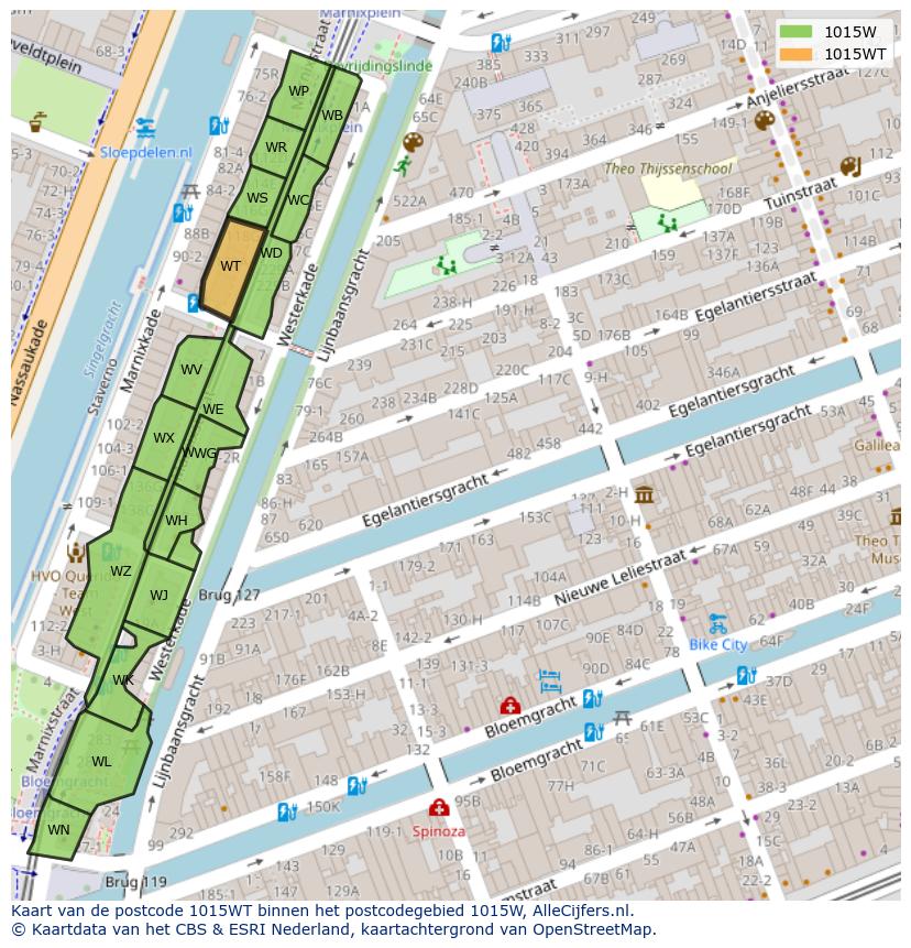 Afbeelding van het postcodegebied 1015 WT op de kaart.