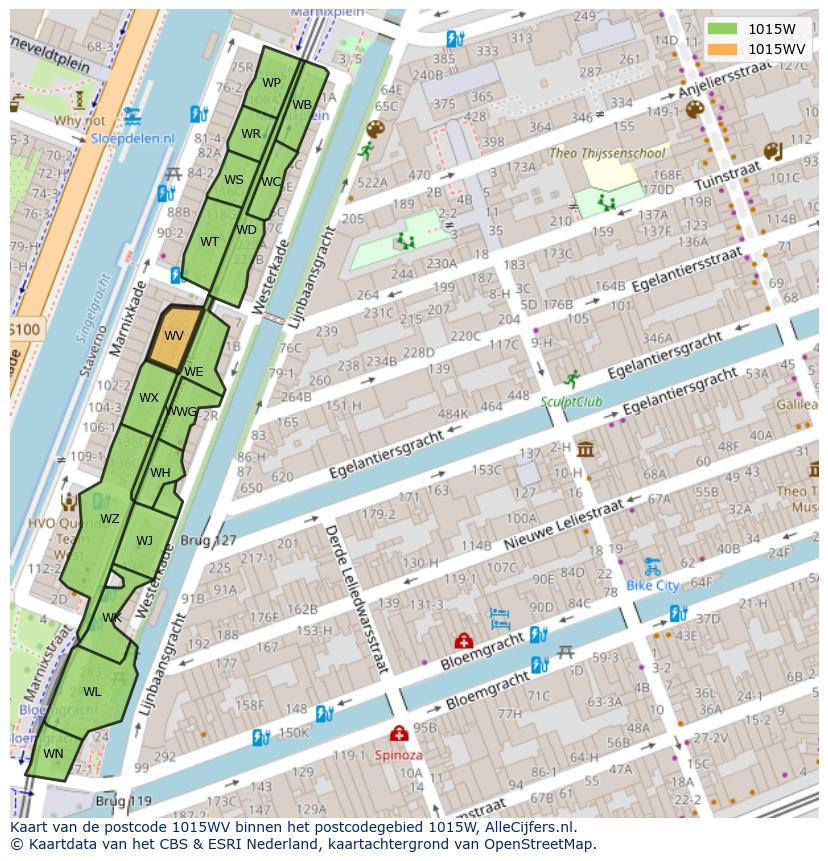 Afbeelding van het postcodegebied 1015 WV op de kaart.