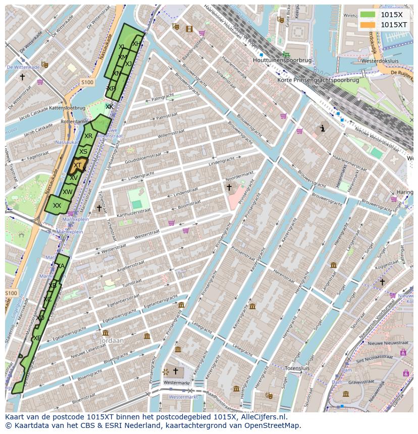 Afbeelding van het postcodegebied 1015 XT op de kaart.