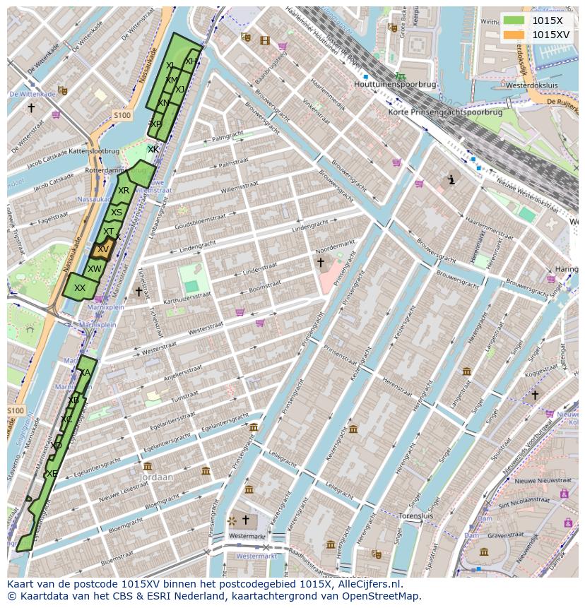 Afbeelding van het postcodegebied 1015 XV op de kaart.