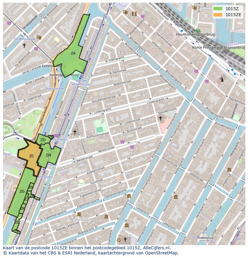 Afbeelding van het postcodegebied 1015 ZE op de kaart.