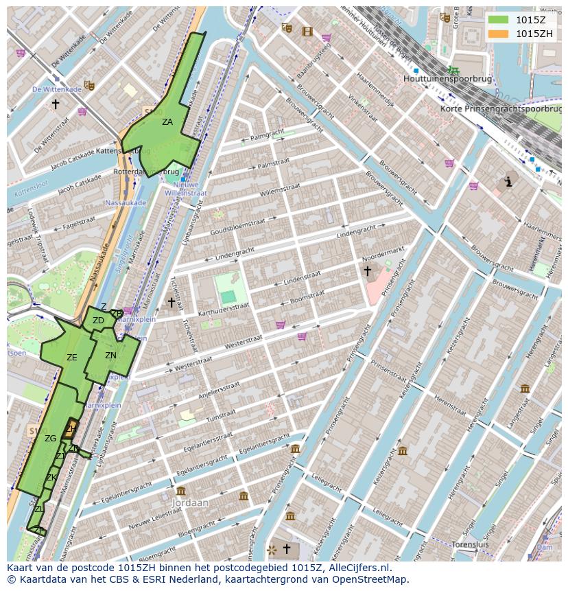 Afbeelding van het postcodegebied 1015 ZH op de kaart.