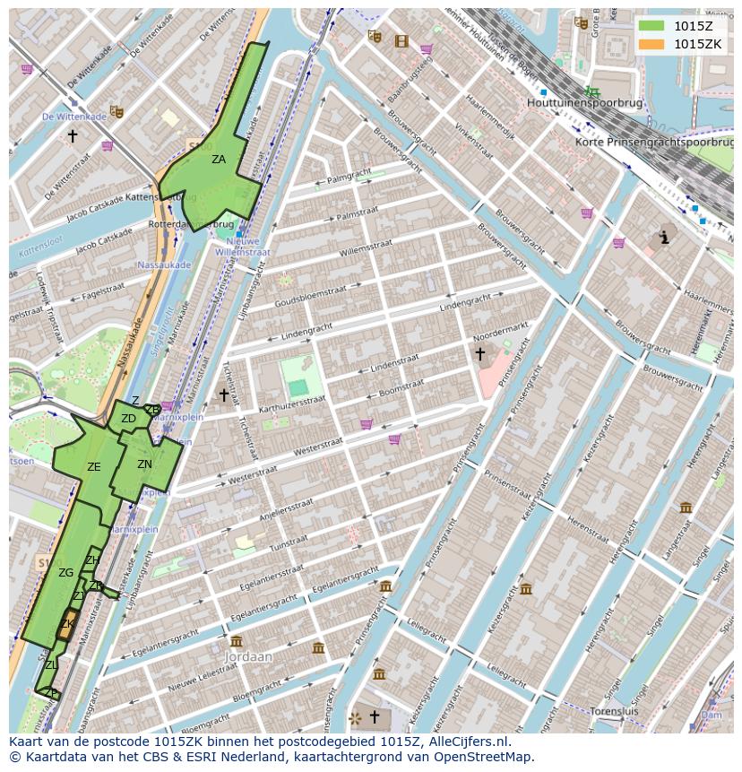 Afbeelding van het postcodegebied 1015 ZK op de kaart.