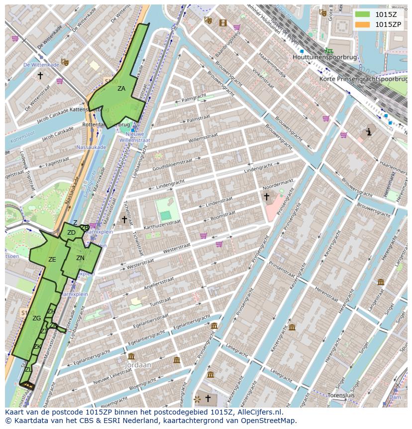 Afbeelding van het postcodegebied 1015 ZP op de kaart.