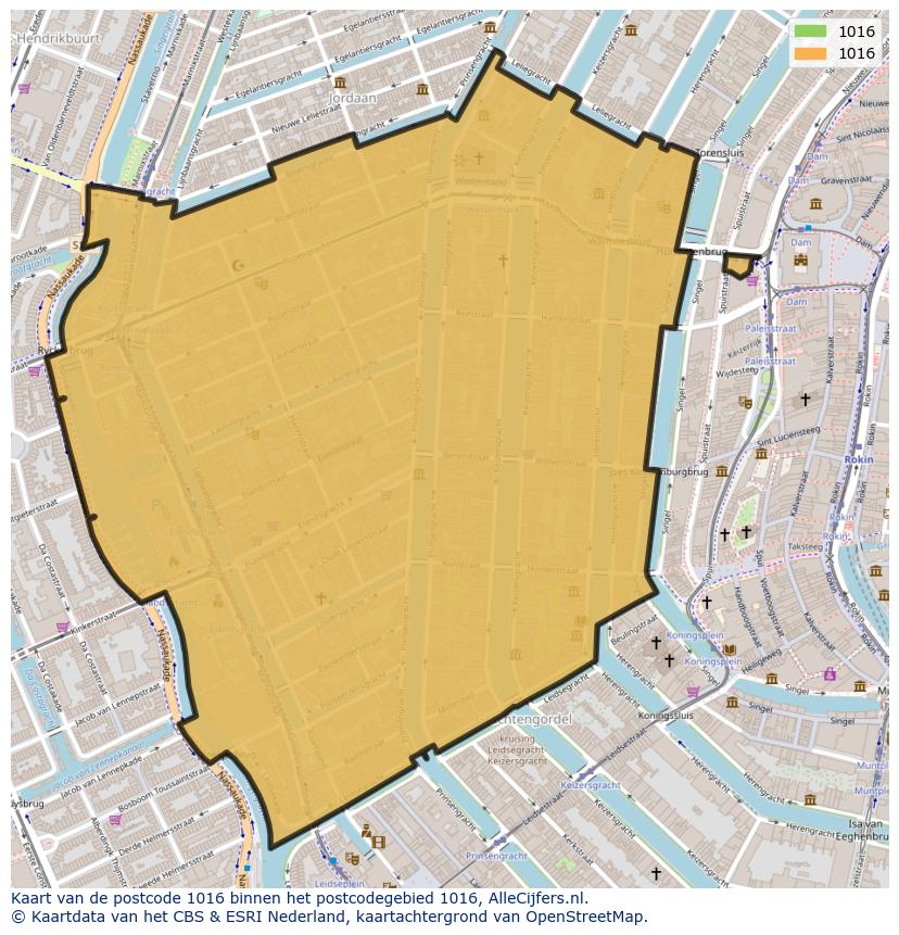 Afbeelding van het postcodegebied 1016 op de kaart.