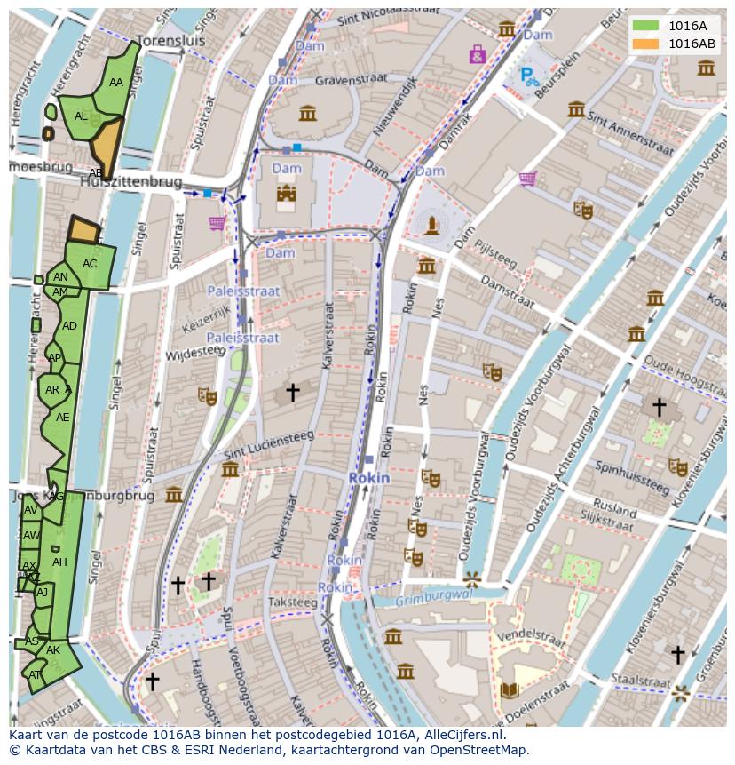 Afbeelding van het postcodegebied 1016 AB op de kaart.