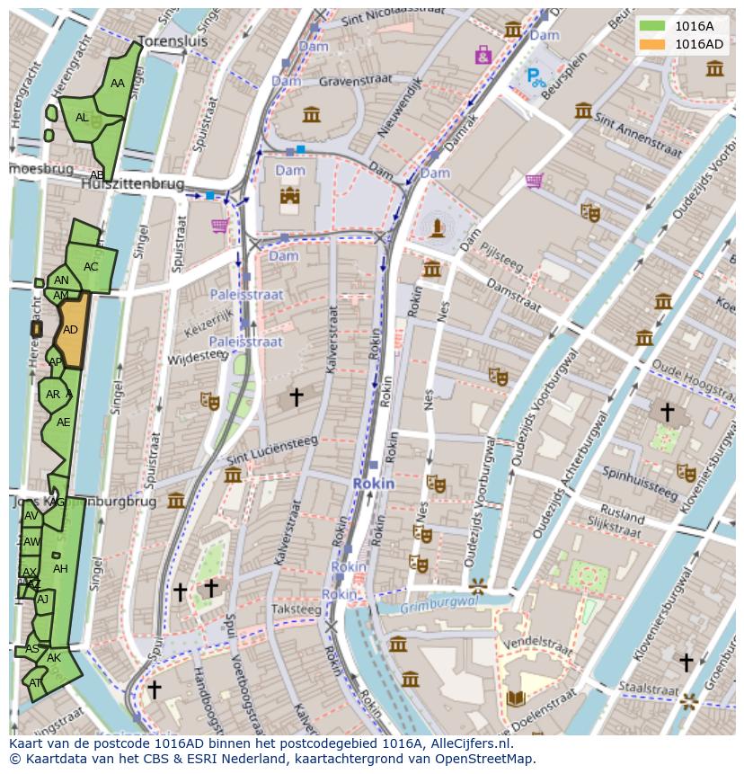 Afbeelding van het postcodegebied 1016 AD op de kaart.