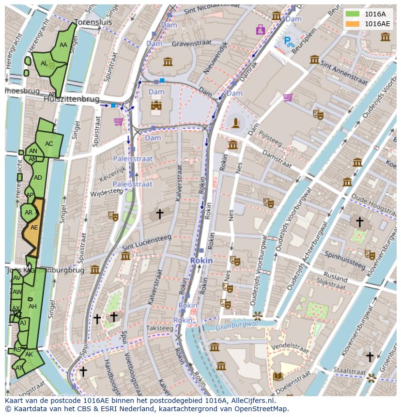 Afbeelding van het postcodegebied 1016 AE op de kaart.