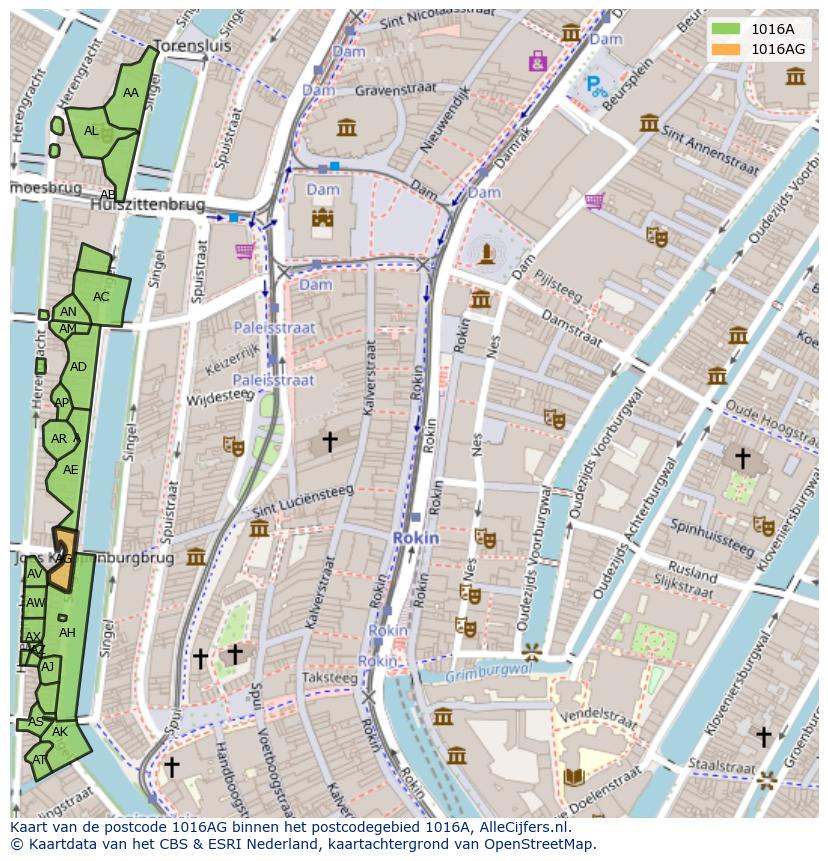 Afbeelding van het postcodegebied 1016 AG op de kaart.
