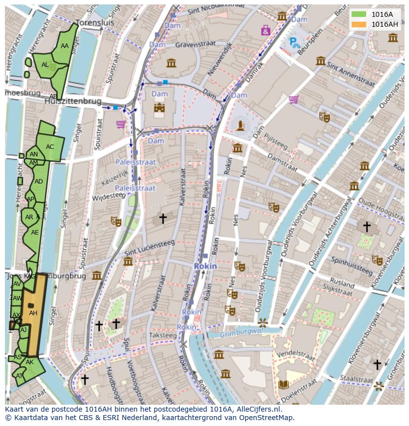 Afbeelding van het postcodegebied 1016 AH op de kaart.