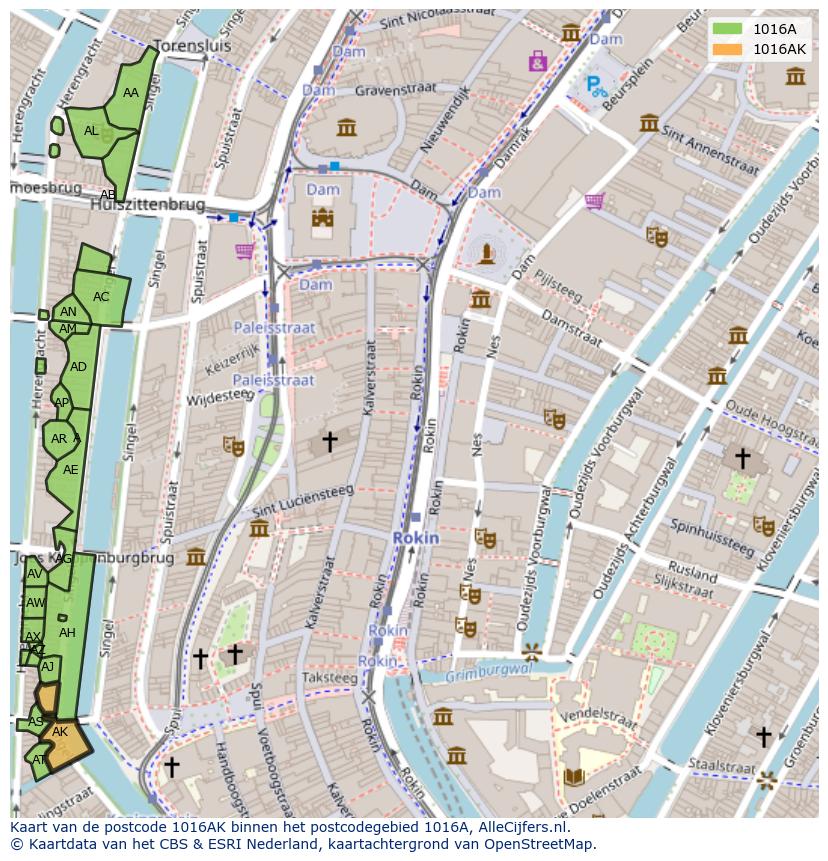 Afbeelding van het postcodegebied 1016 AK op de kaart.