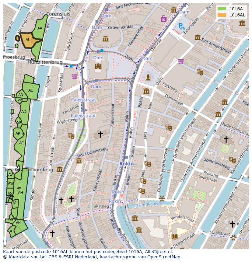 Afbeelding van het postcodegebied 1016 AL op de kaart.