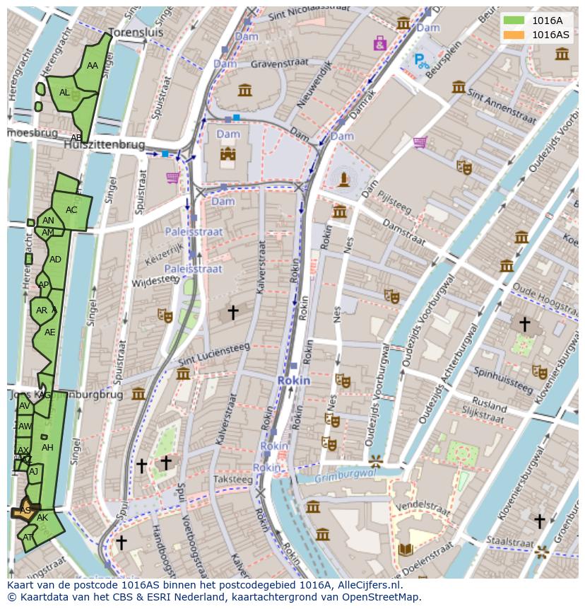 Afbeelding van het postcodegebied 1016 AS op de kaart.