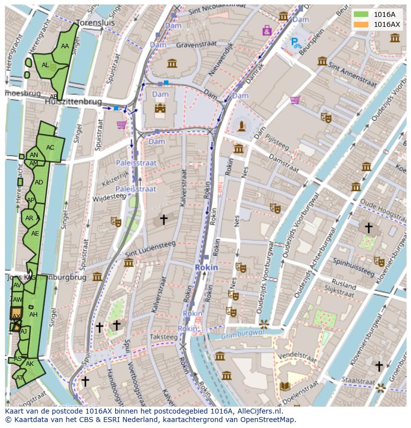 Afbeelding van het postcodegebied 1016 AX op de kaart.