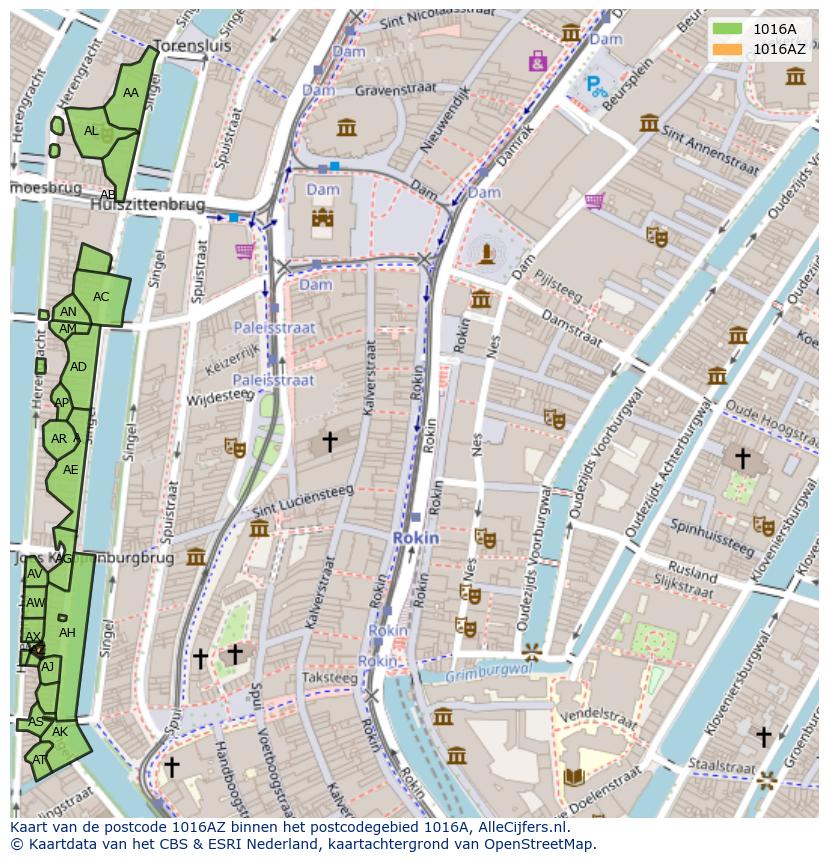 Afbeelding van het postcodegebied 1016 AZ op de kaart.