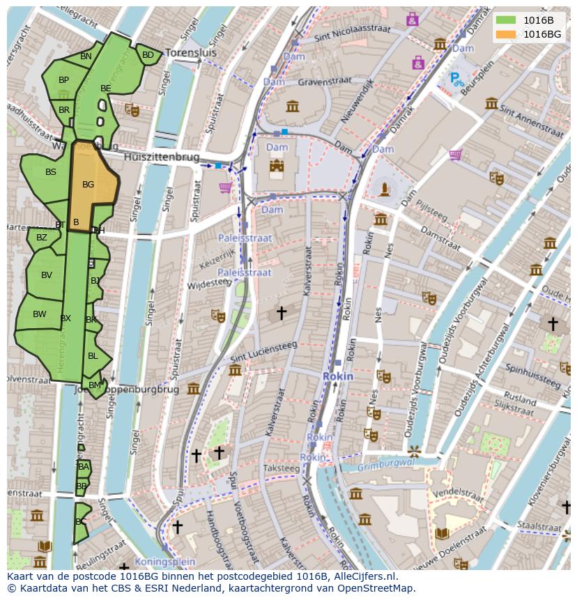 Afbeelding van het postcodegebied 1016 BG op de kaart.