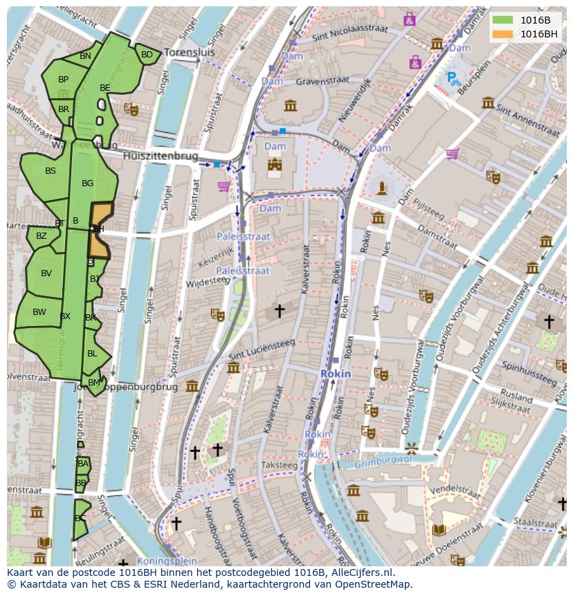 Afbeelding van het postcodegebied 1016 BH op de kaart.