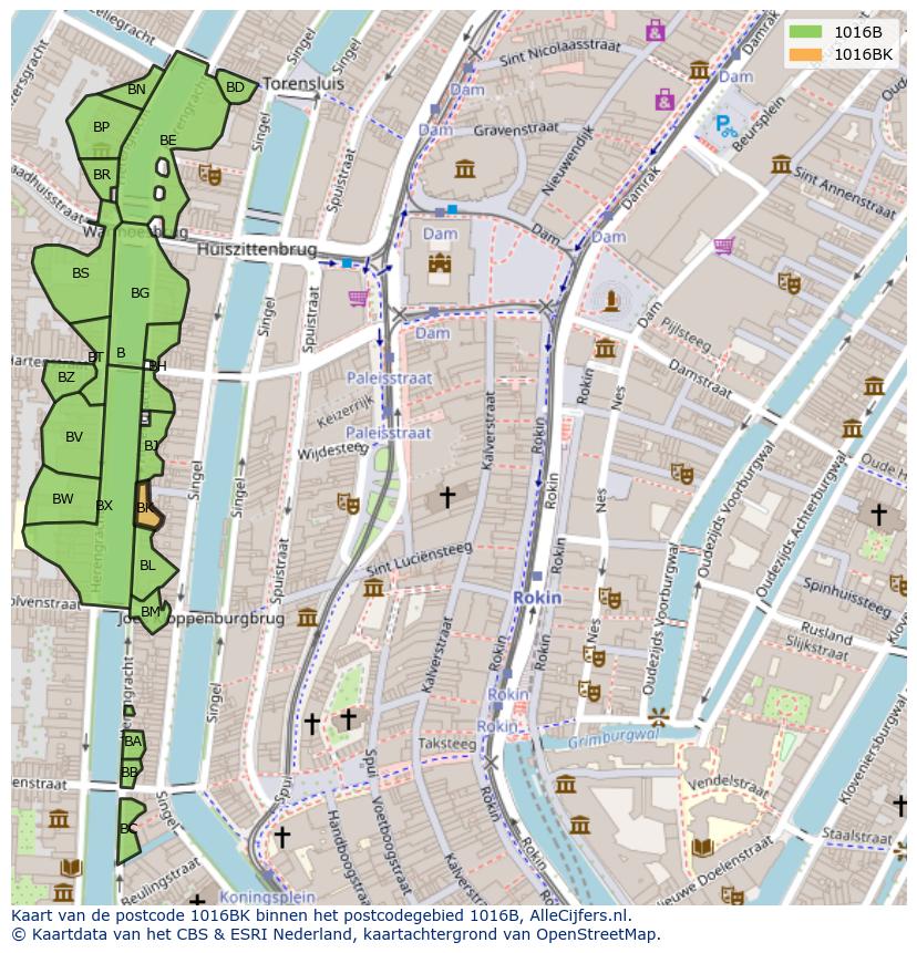Afbeelding van het postcodegebied 1016 BK op de kaart.