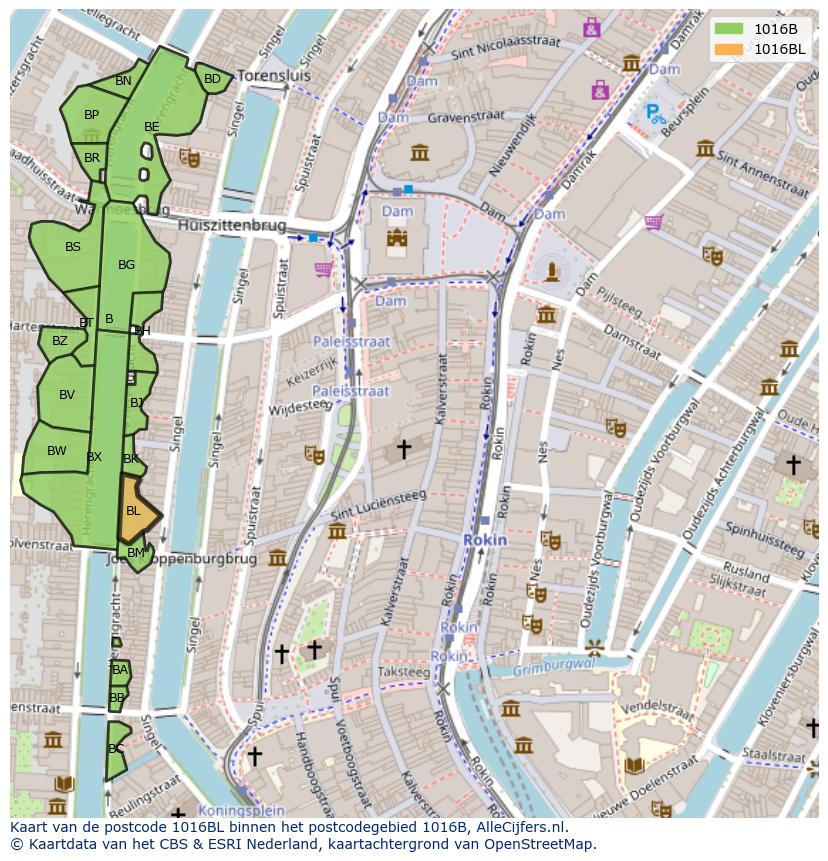 Afbeelding van het postcodegebied 1016 BL op de kaart.
