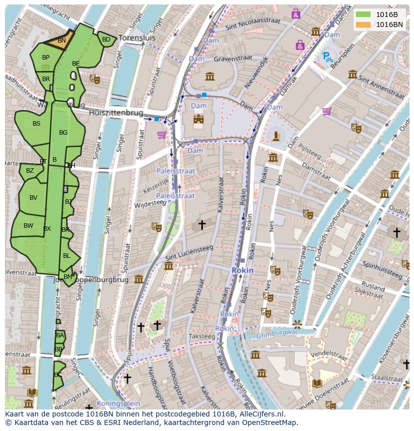 Afbeelding van het postcodegebied 1016 BN op de kaart.