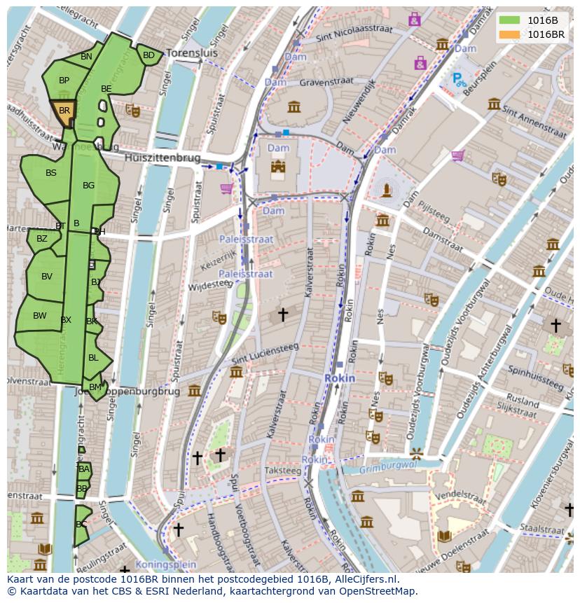 Afbeelding van het postcodegebied 1016 BR op de kaart.