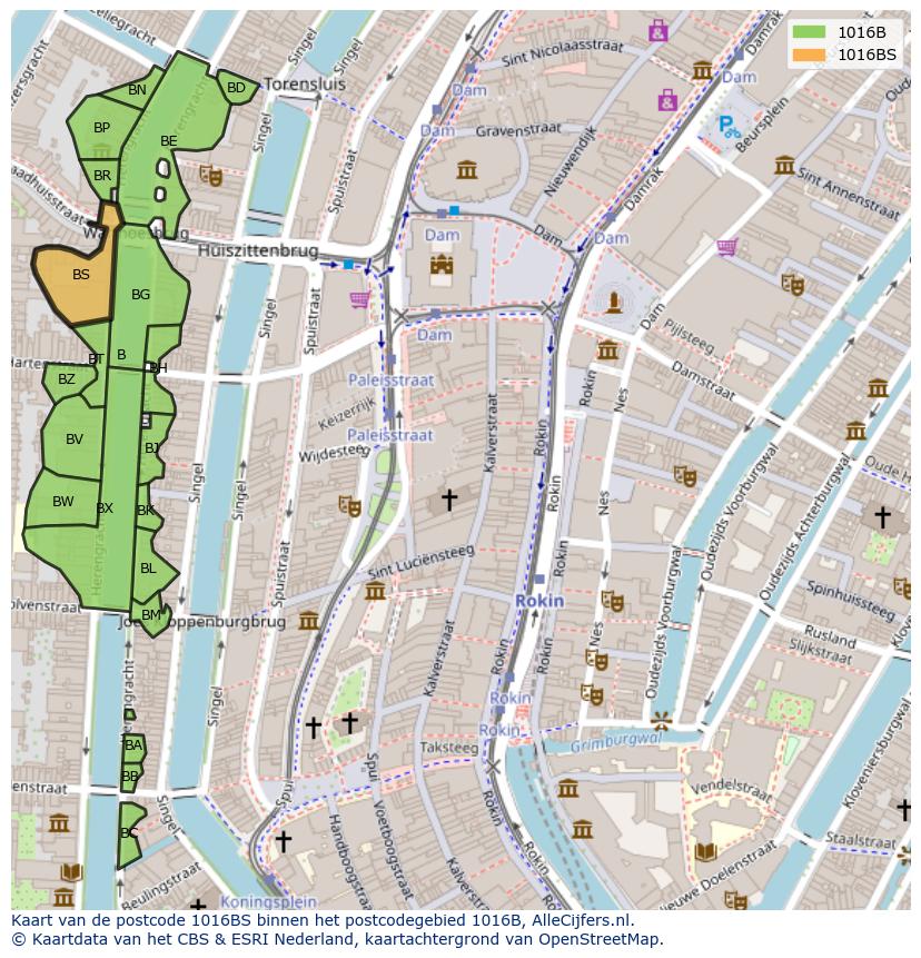 Afbeelding van het postcodegebied 1016 BS op de kaart.