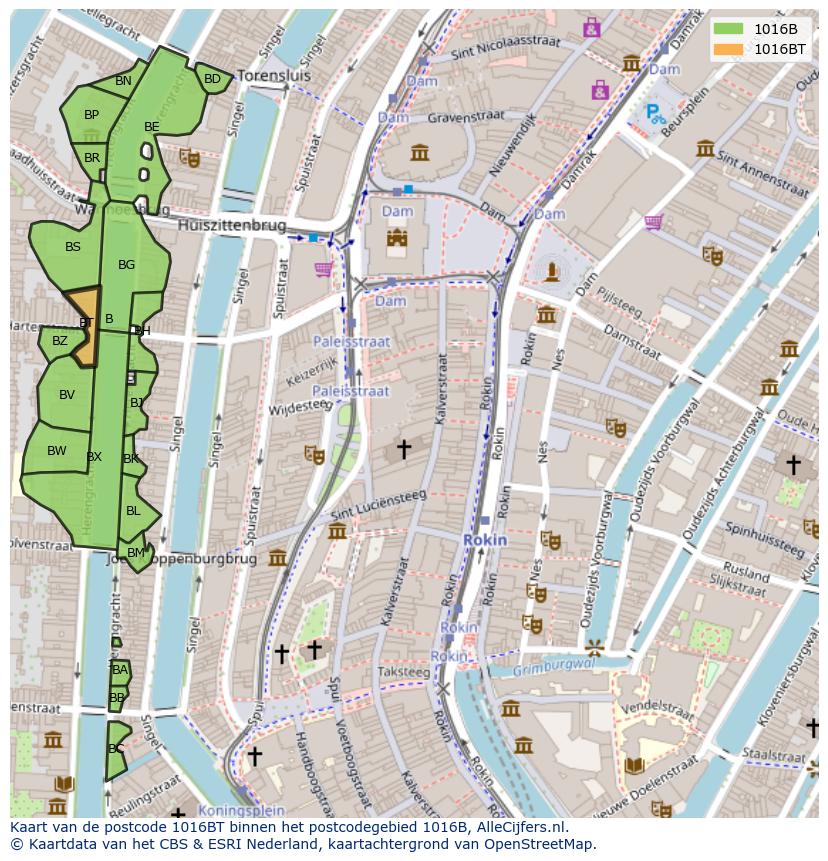 Afbeelding van het postcodegebied 1016 BT op de kaart.