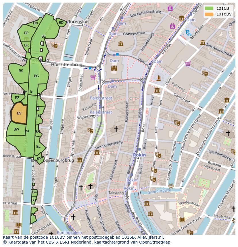 Afbeelding van het postcodegebied 1016 BV op de kaart.