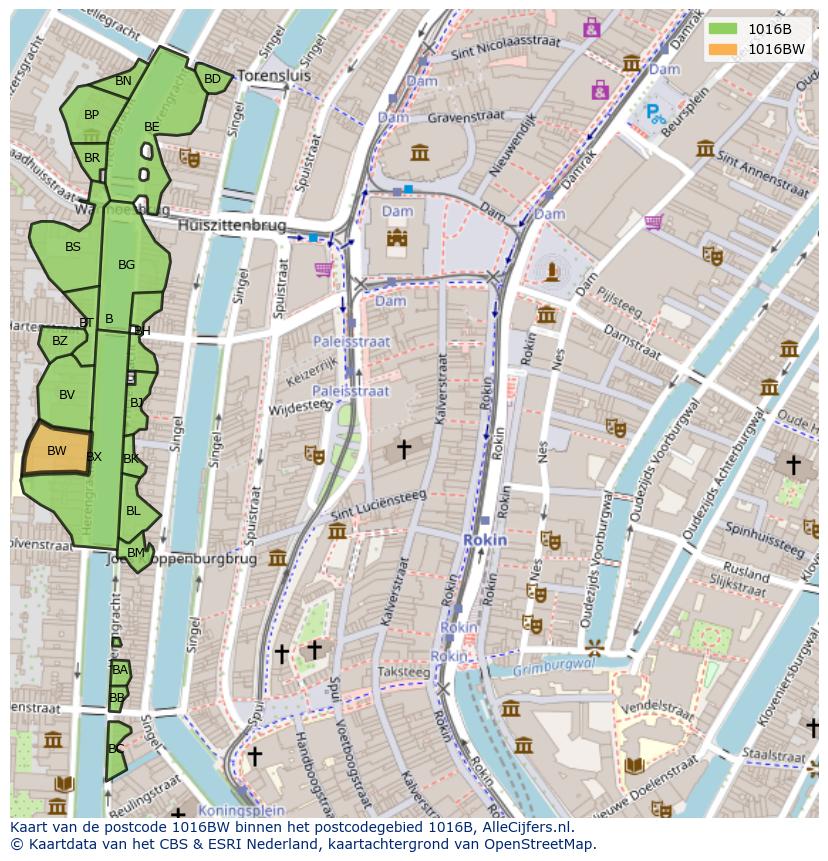 Afbeelding van het postcodegebied 1016 BW op de kaart.
