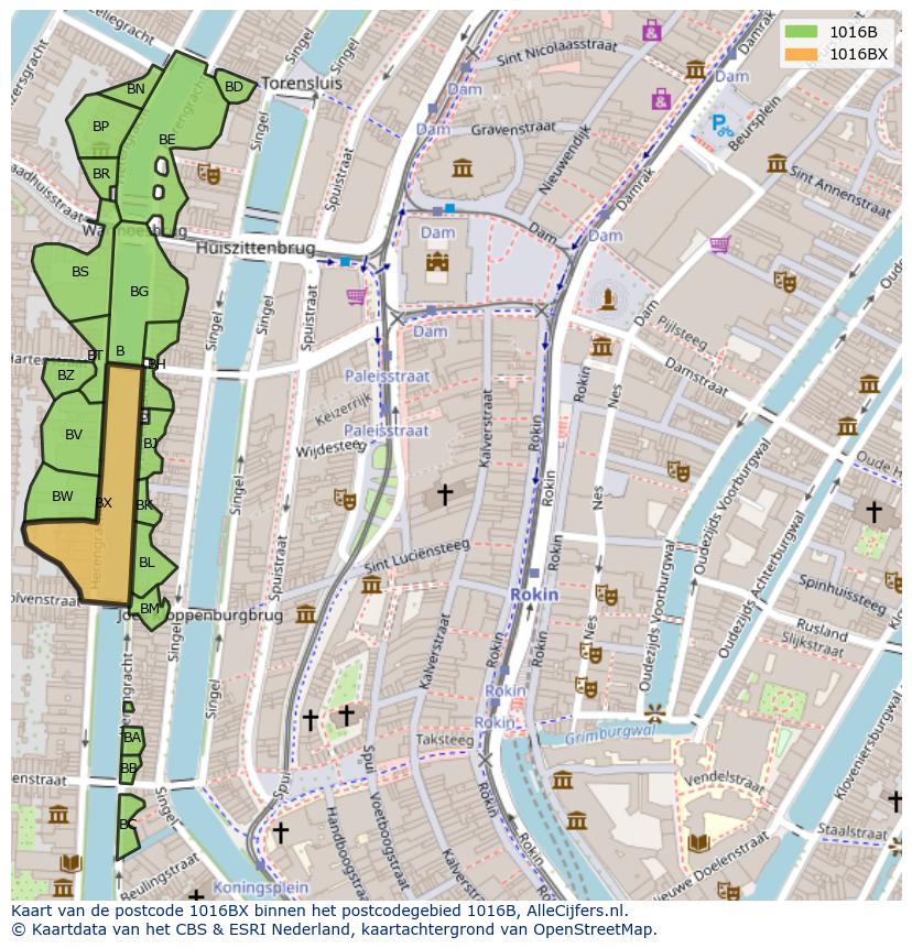 Afbeelding van het postcodegebied 1016 BX op de kaart.