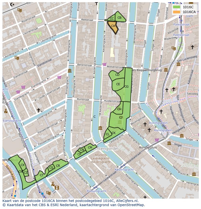 Afbeelding van het postcodegebied 1016 CA op de kaart.