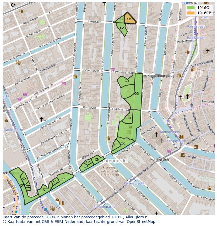 Afbeelding van het postcodegebied 1016 CB op de kaart.