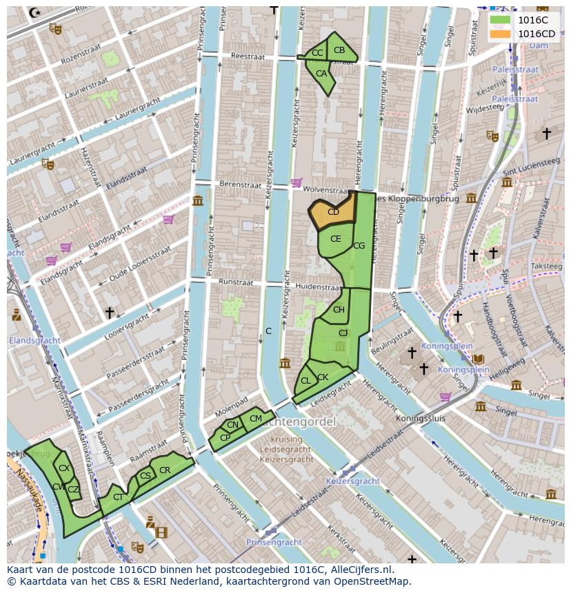 Afbeelding van het postcodegebied 1016 CD op de kaart.